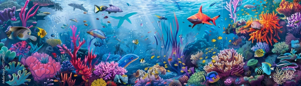 A 2D digital painting of a coral reef classroom, where sea creatures gather to learn, on white A 2D digital painting of a coral reef classroom, where sea creatures gather to learn, on white