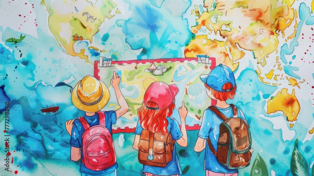 A 2D cartoon of kids on a treasure hunt at school, map and clues in vibrant watercolors