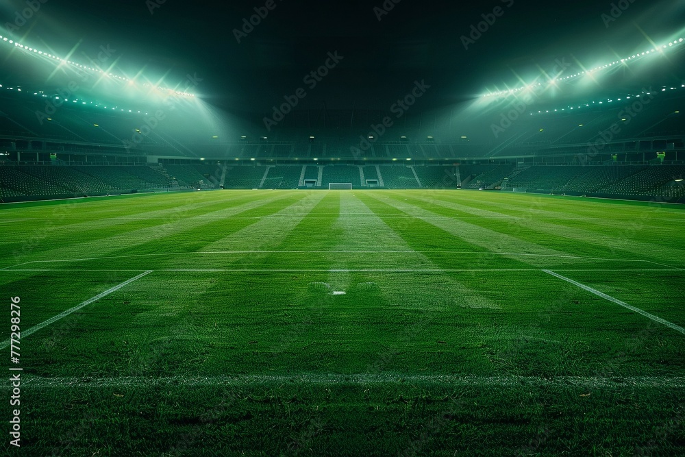 Green field in soccer stadium from above bei night ready for game in the midfield Green field in soccer stadium from above bei night ready for game in the midfield