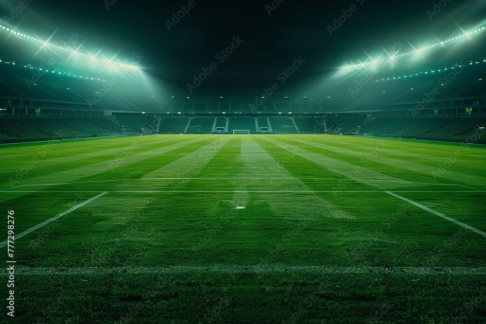 Green field in soccer stadium from above bei night ready for game in the midfield