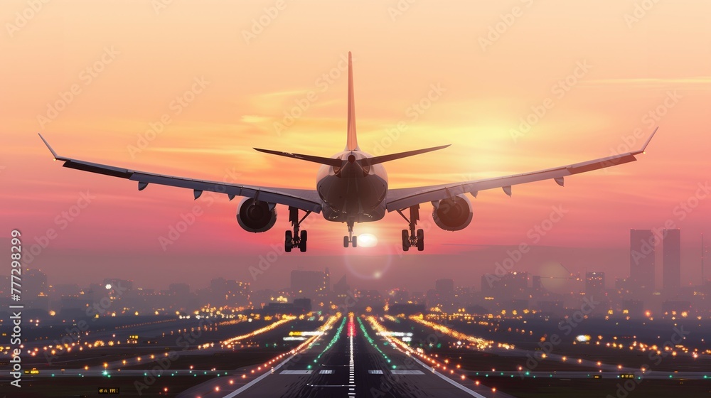 Commercial airplane landing at sunset hours in Asia, telephoto lens. Commercial airplane landing at sunset hours in Asia, telephoto lens.