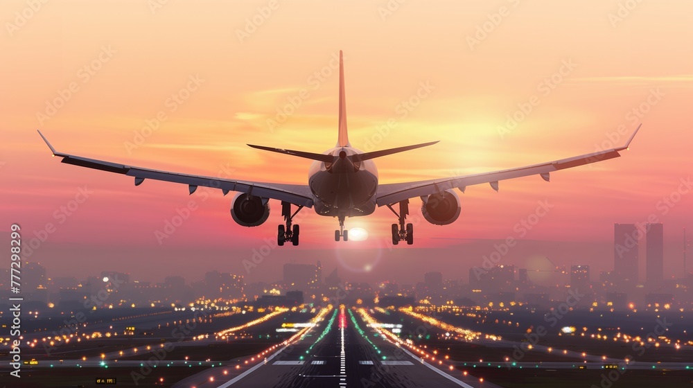 Commercial airplane landing at sunset hours in Asia, telephoto lens.