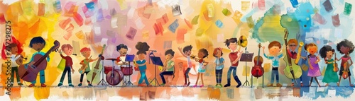 A 2D school concert, cartoon kids performing on stage, instruments painted in vibrant watercolors photo