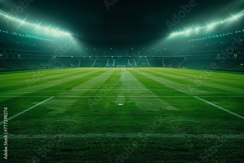 Green field in soccer stadium from above bei night ready for game in the midfield © Pairat