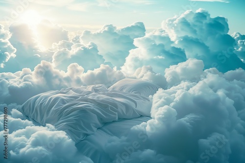 Imagine a dream concept where one finds comfort and solace in a bed surrounded by billowing vanilla colored clouds