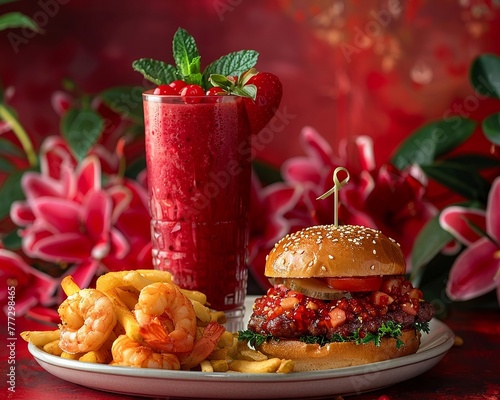 Cinematic photo, shrimp tempura, burger, fries, fruit smoothie on ceramic dish, deep red backdrop, textured movement, HD matte
