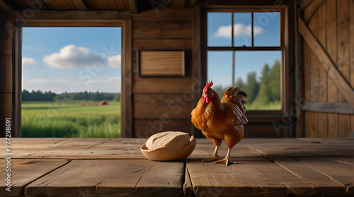 Empty rustic old wooden boards table copy space with free range chicken farm in background. Product display template.generative.ai