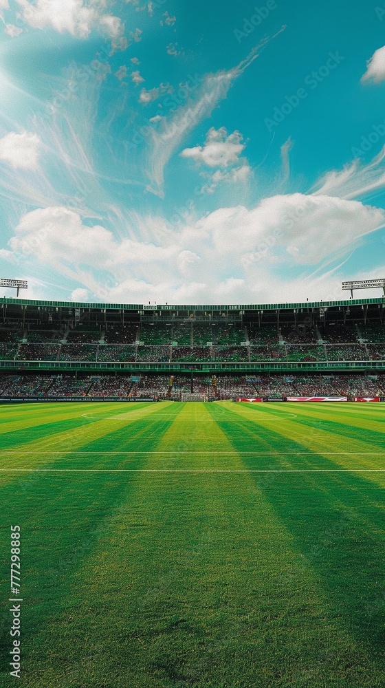 Fototapeta premium The vibrant green expanse of the football field in the stadium beckons the players and spectators alike