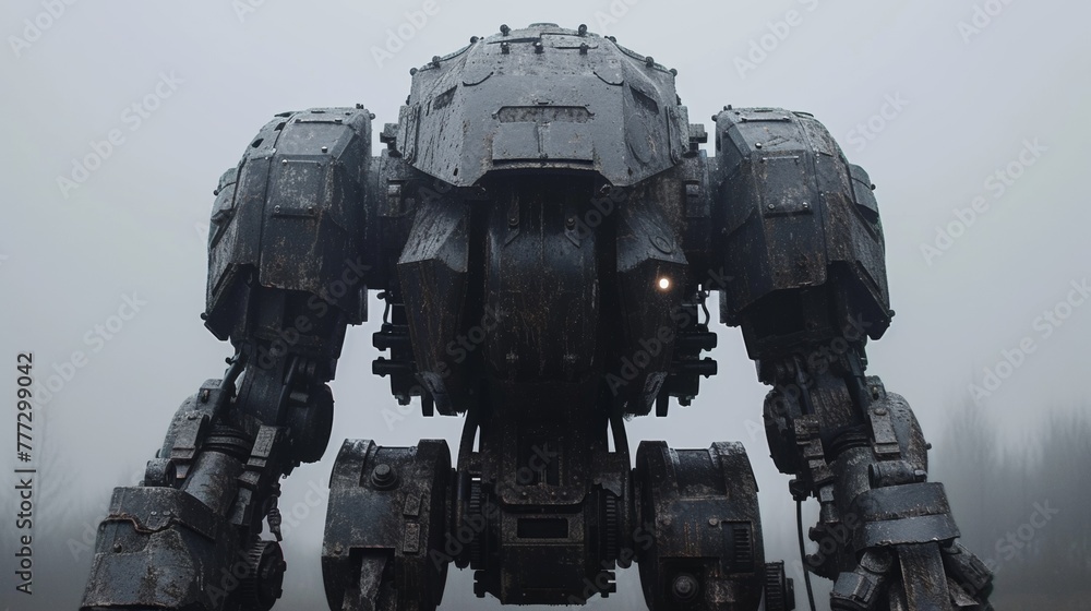 Obraz premium A large robot standing in the middle of a foggy field, AI