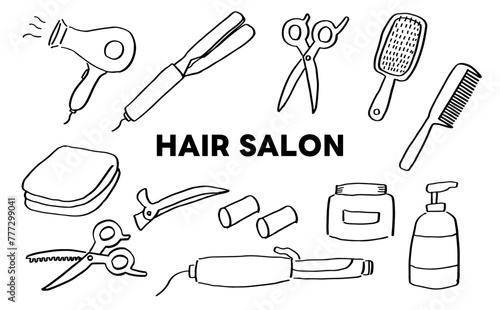 ヘアサロン　美容院　ヘアカット　道具　イラスト　線画　手書き