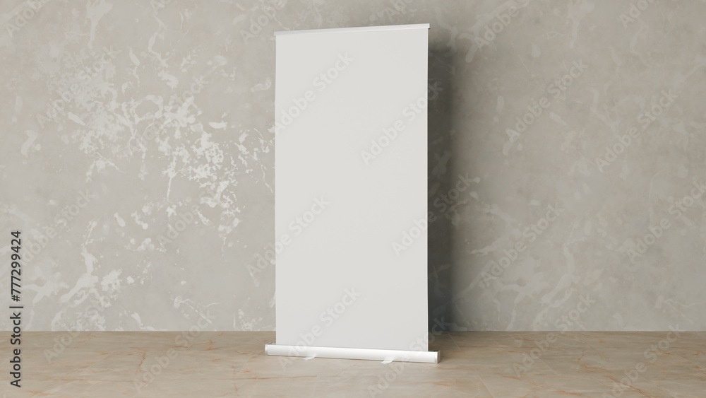 a white roll up banner on a wooden floor a white roll up banner on a wooden floor