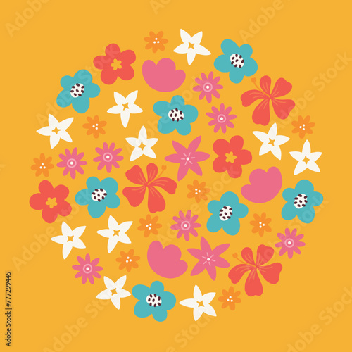 Summer greeting card with tropical flowers on yellow background