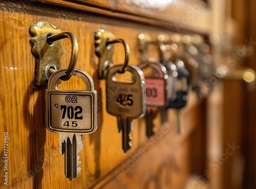 A row of hotel room keys with numbers hanging from wooden cubicles in the reception area, all labeled 