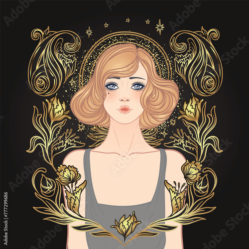Art Deco vintage invitation template design with illustration of flapper girl...