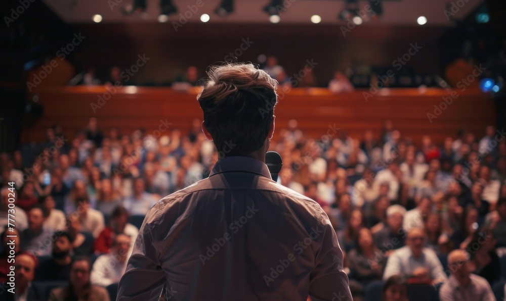 Speaker facing audience in a conference hall Speaker facing audience in a conference hall