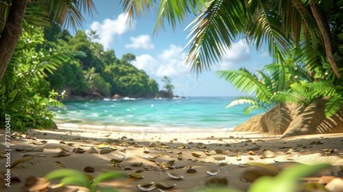 A tropical beach is visible through the trees in this scenic view