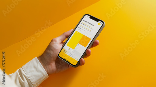 Man holding smart phone isolated on yellow background.