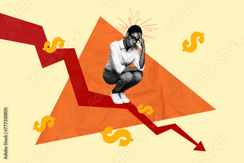 Composite image collage of upset african girl bankrupt arrow down loss dollar symbol problem failure graph isolated on colorful background photo