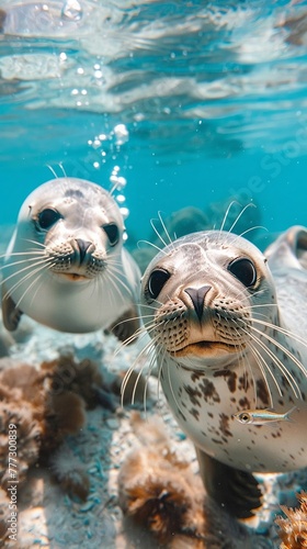 Joyful seals swimming underwater, fluffy, catching small fish, oversized eyes, sunny blue water © PTC_KICKCAT