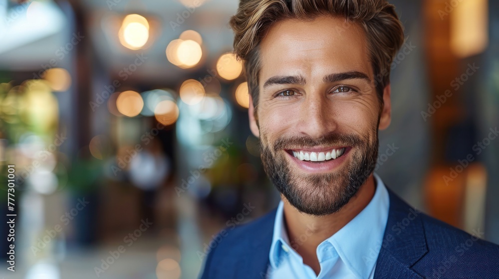 A man with a beard smiles at the camera A man with a beard smiles at the camera
