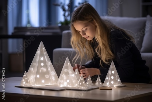 long-haired girl looking at illuminated table pyramid decorations