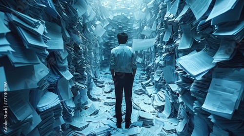 A man standing surrounded by numerous papers in a cluttered room