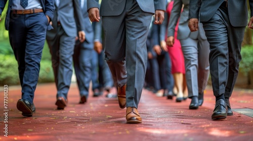Group of men in formal attire walking down urban street photo