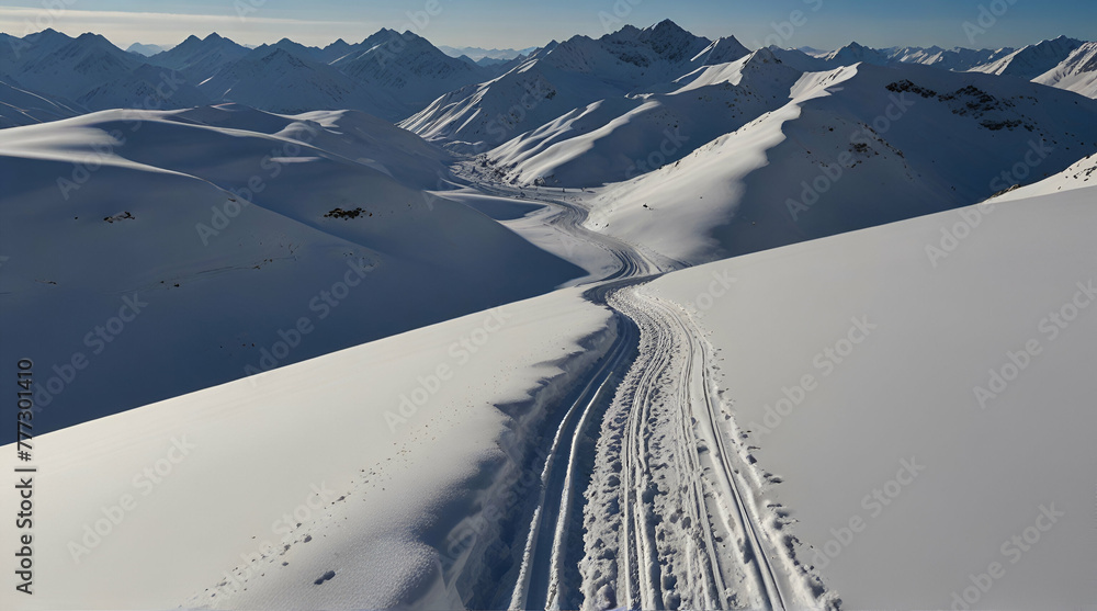 Fototapeta premium Ski tracks in deep snow in mountains, Austrian alps, Gastein, Salzburg, Austria.generative.ai