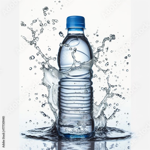 clear water bottle with water splash , mineral water transparent background