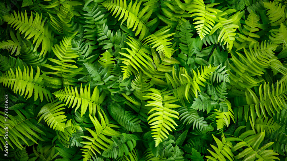 Vibrant green ferns, lush patterns and textures of forest plant life