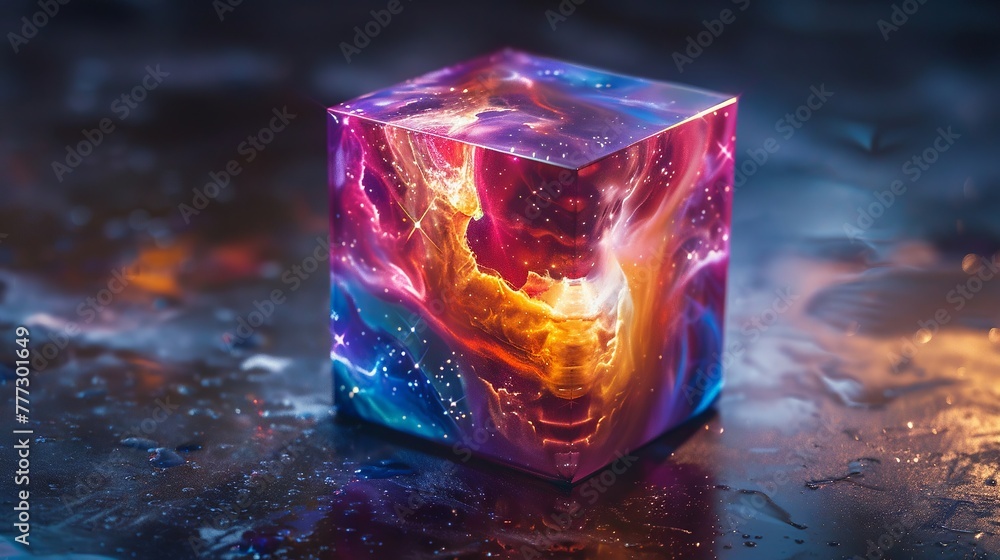 Swirling nebula gas cube, starfilled, mystical vibe, set against deep space colors - obrazy, fototapety, plakaty 