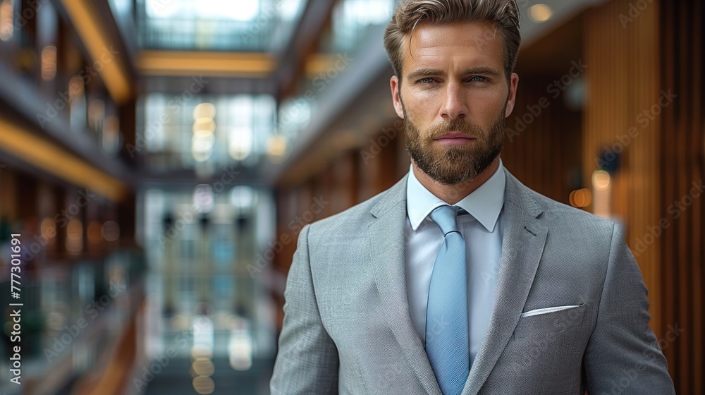 A professional man in a suit and tie standing in a hallway A professional man in a suit and tie standing in a hallway