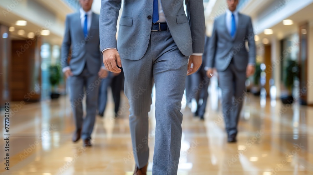 Businessmen in formal attire walking together in corridor Businessmen in formal attire walking together in corridor