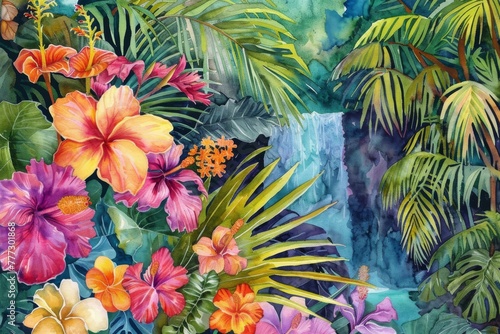 Vibrant watercolor painting of a tropical scene with lush flowers and foliage framing a serene waterfall.