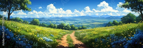 Painting of a dirt road passing through a field under a clear sky