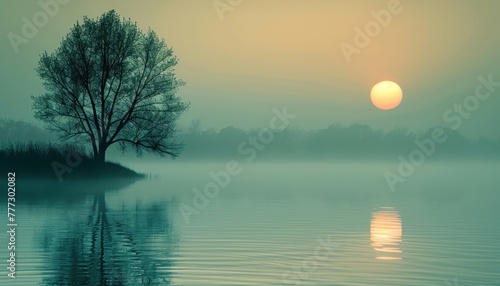 Setting sun casting golden light over water  tree in foreground