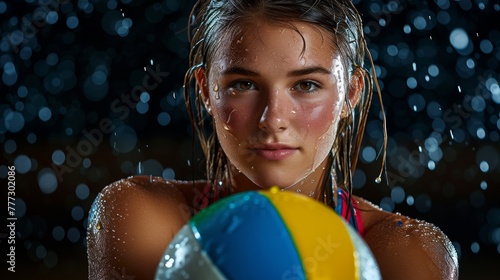 A woman with a beach ball in the rain, AI