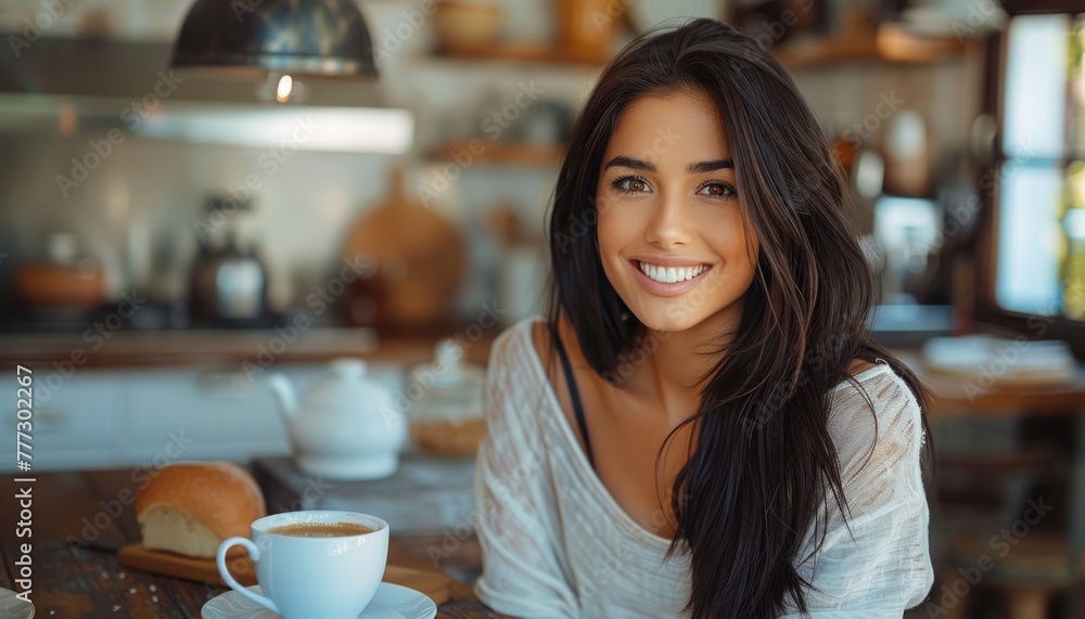 A woman seated at a table, holding a cup of coffee A woman seated at a table, holding a cup of coffee