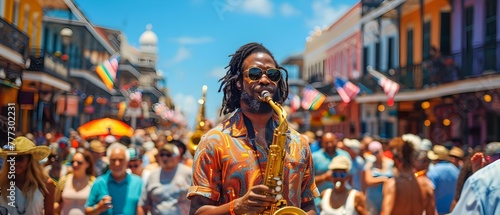 New Orleans Street Festival: A Vibrant Celebration with Jazz Bands, Colorful Floats, and Dancing Revelers. Concept Street Festival, New Orleans, Jazz Bands, Colorful Floats, Dancing Revelers