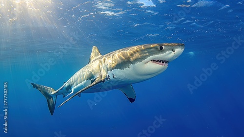 A great white shark moves gracefully through the ocean