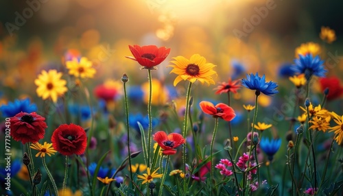 A field filled with colorful flowers basking in the warm glow of the setting sun © Tetiana