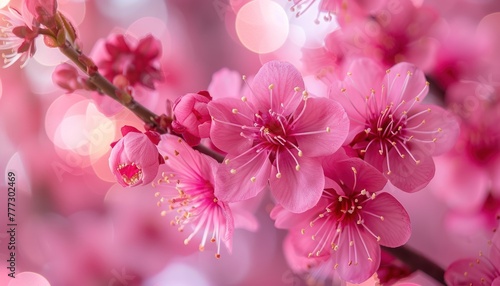 Detailed view of pink flowers blooming on a tree branch