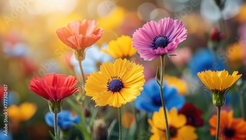 Colorful flowers scattered in vibrant hues across green grass