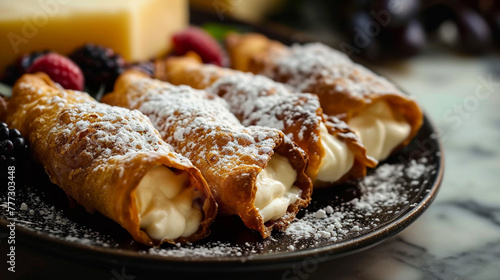 Crispy cannoli shells, filled with creamy ricotta, adorned with pistachios. A sweet Sicilian delight, each bite combines a satisfying crunch with a luscious, indulgent center.