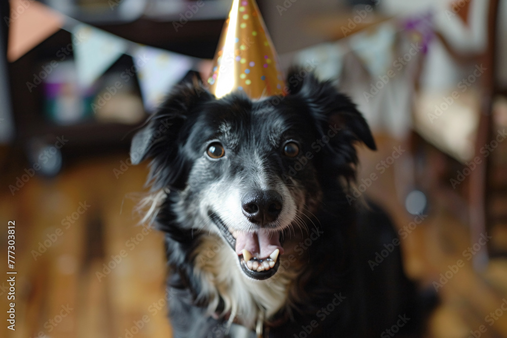 Smiling dog celebrating birthday with party hat on blue background Smiling dog celebrating birthday with party hat on blue background