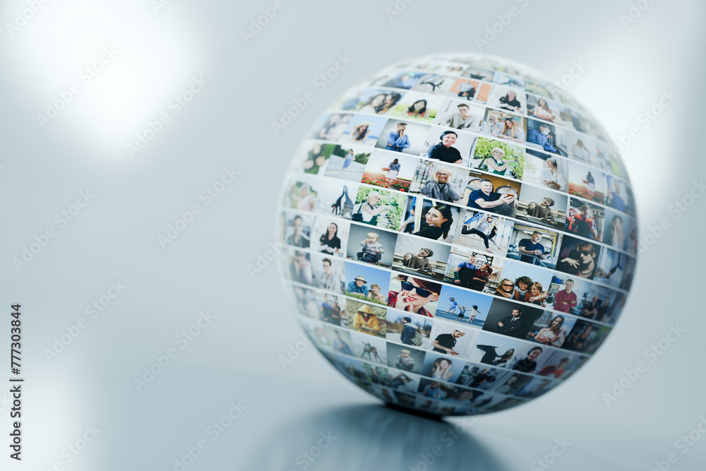 Social media ball with people pictures, online network concept - obrazy, fototapety, plakaty 