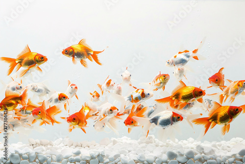 Goldfishes in aquarium with stones on white background
