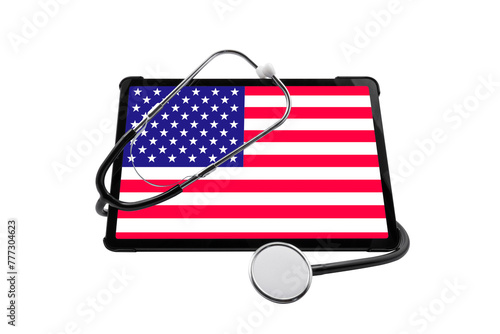 Tablet PC with USA flag on screen and medical stethoscope on transparent background. US healthcare system concept