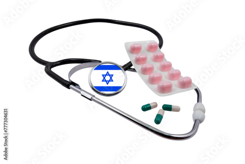 Medical stethoscope with a head in the shape of the Israeli flag and pills on a transparent background. Israeli healthcare system concept