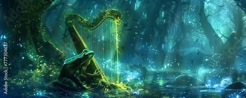 A frog musician playing a laser harp in a bioluminescent forest, magical 2D effects photo